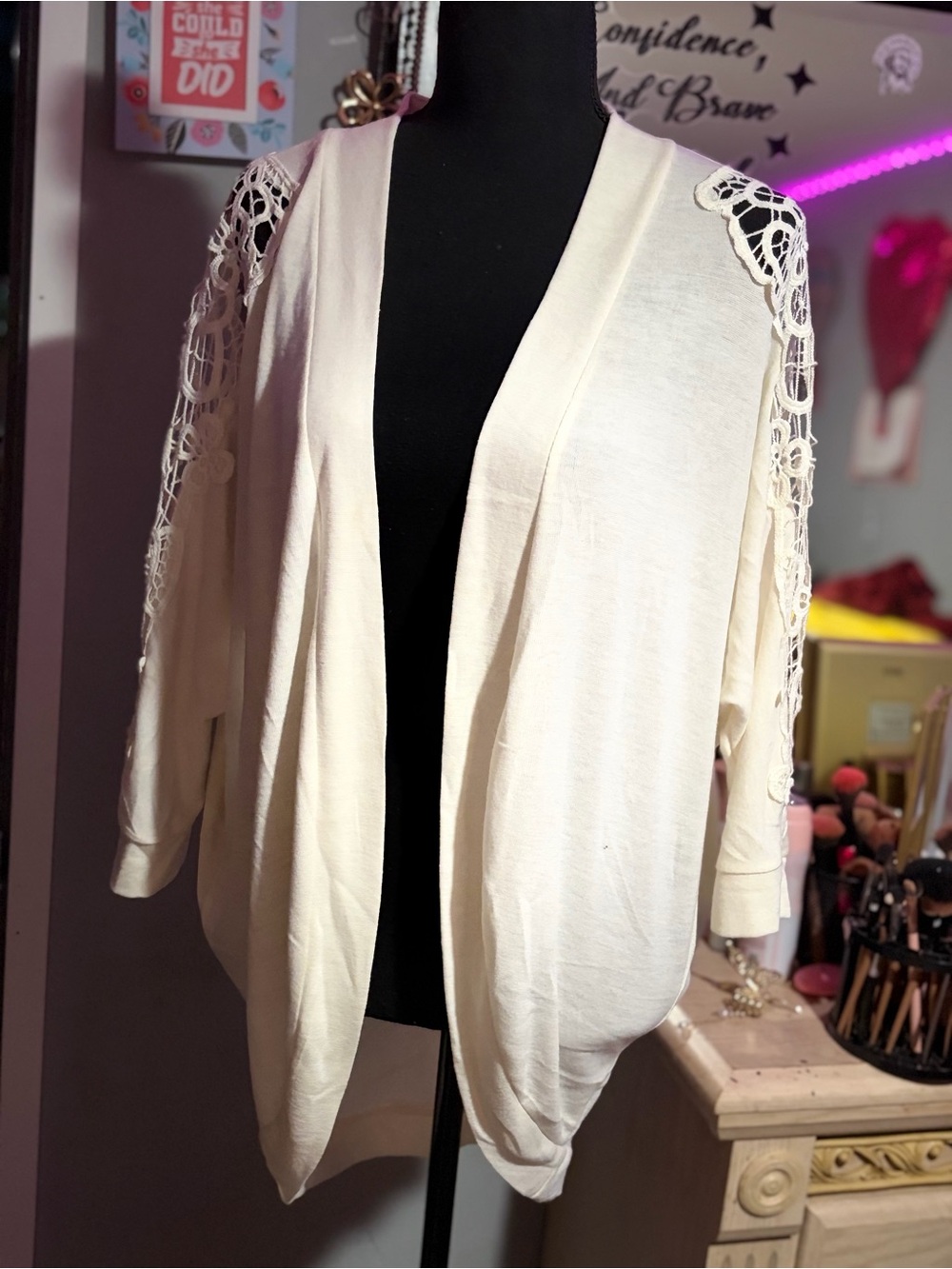 ✨NWOT Poof! Cream Open-Front Cardigan with Crochet Lace Shoulder Detail✨